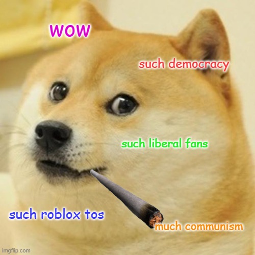 wow doge likes communism | wow; such democracy; such liberal fans; such roblox tos; much communism | image tagged in memes,doge,politics | made w/ Imgflip meme maker