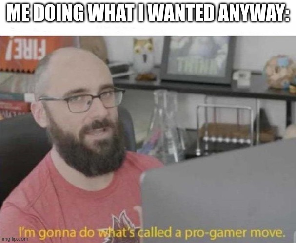 Pro Gamer move | ME DOING WHAT I WANTED ANYWAY: | image tagged in pro gamer move | made w/ Imgflip meme maker