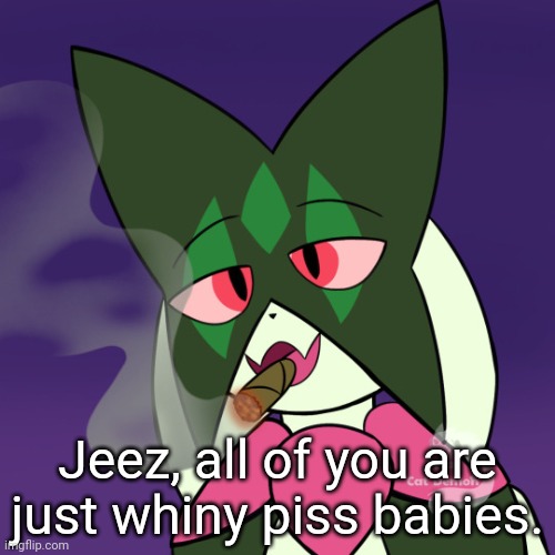 Meowscarada smoking | Jeez, all of you are just whiny piss babies. | image tagged in meowscarada smoking | made w/ Imgflip meme maker