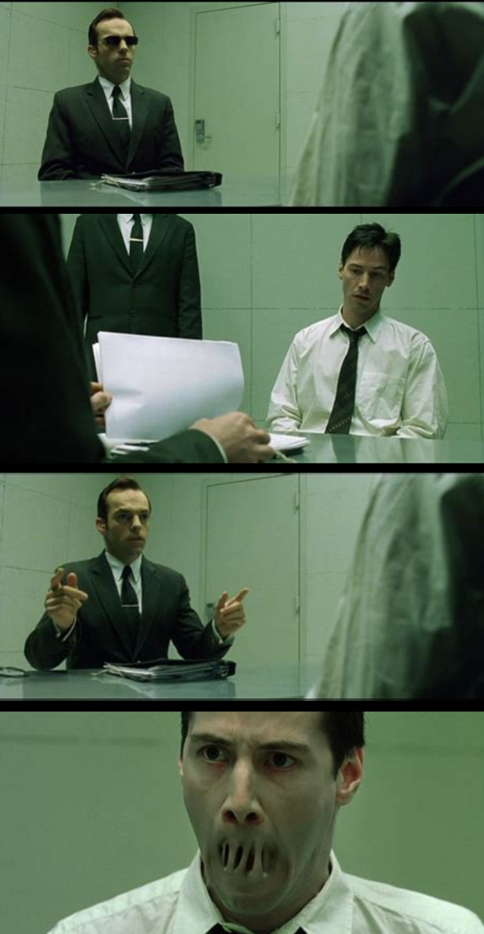 Neo and Agent Smith interrogation Blank Meme Template