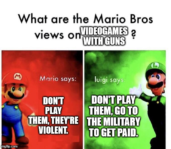 Mario Bros Views | VIDEOGAMES WITH GUNS; DON'T PLAY THEM, THEY'RE VIOLENT. DON'T PLAY THEM, GO TO THE MILITARY TO GET PAID. | image tagged in mario bros views | made w/ Imgflip meme maker
