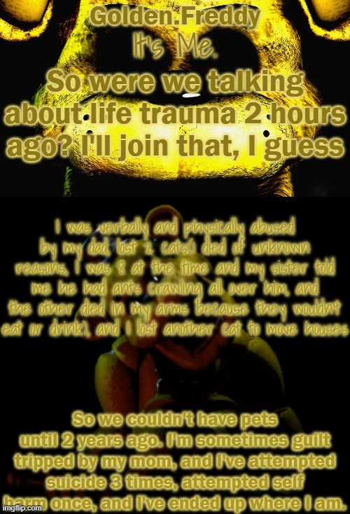 I'm going to Therapy at least | So were we talking about life trauma 2 hours ago? I'll join that, I guess; I was verbally and physically abused by my dad, lost 2 cats(1 died of unknown reasons, I was 8 at the time and my sister told me he had ants crawling all over him, and the other died in my arms because they wouldn't eat or drink), and I lost another cat to move houses; So we couldn't have pets until 2 years ago. I'm sometimes guilt tripped by my mom, and I've attempted suicide 3 times, attempted self harm once, and I've ended up where I am. | image tagged in golden's golden freddy temp | made w/ Imgflip meme maker