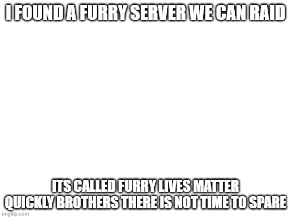 Go light on the raids | I FOUND A FURRY SERVER WE CAN RAID; ITS CALLED FURRY LIVES MATTER QUICKLY BROTHERS THERE IS NOT TIME TO SPARE | made w/ Imgflip meme maker