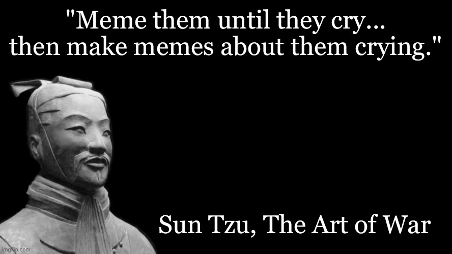 The Art of Meme War | "Meme them until they cry... then make memes about them crying."; Sun Tzu, The Art of War | image tagged in -sun tzu the art of war-,meme,art of war,sun tzu,crying | made w/ Imgflip meme maker