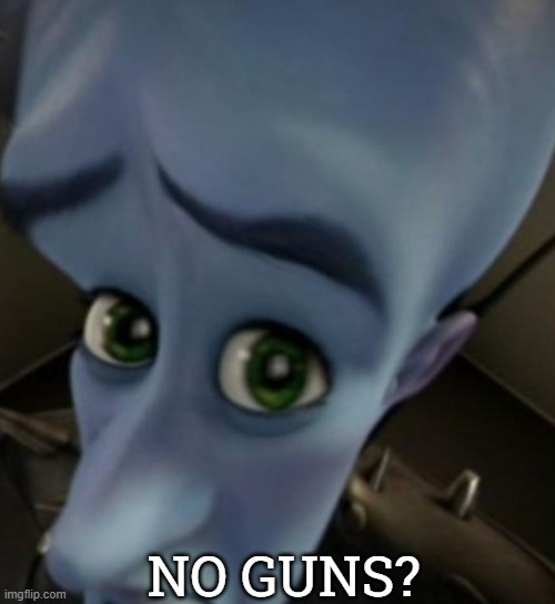 Megamind no bitches | NO GUNS? | image tagged in megamind no bitches | made w/ Imgflip meme maker