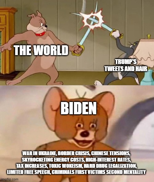 trump vs biden | THE WORLD; TRUMP'S TWEETS AND HAIR; BIDEN; WAR IN UKRAINE, BORDER CRISIS, CHINESE TENSIONS, SKYROCKETING ENERGY COSTS, HIGH-INTEREST RATES, TAX INCREASES, TOXIC WOKEISM, HARD DRUG LEGALIZATION, LIMITED FREE SPEECH, CRIMINALS FIRST VICTIMS SECOND MENTALITY | image tagged in tom and jerry swordfight,political meme | made w/ Imgflip meme maker