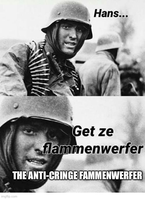 hanz get the flammenwafer | THE ANTI-CRINGE FAMMENWERFER | image tagged in hanz get the flammenwafer | made w/ Imgflip meme maker