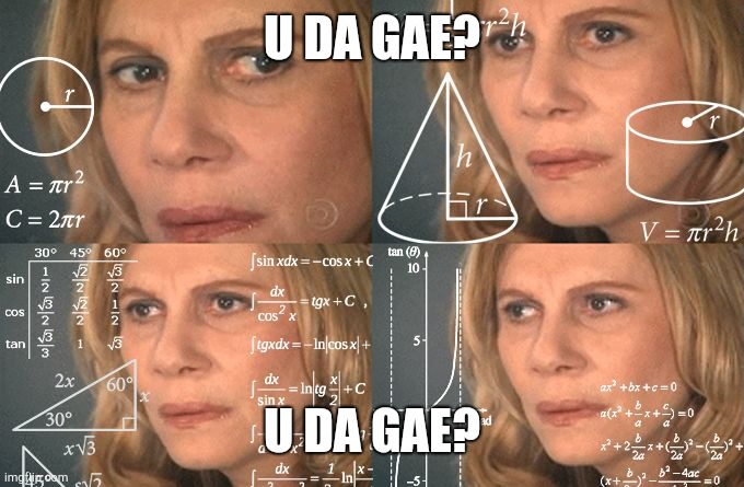 Calculating meme | U DA GAE? U DA GAE? | image tagged in calculating meme | made w/ Imgflip meme maker