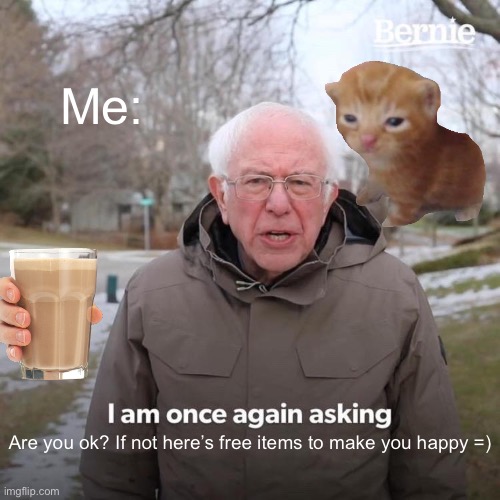 Bernie I Am Once Again Asking For Your Support | Me:; Are you ok? If not here’s free items to make you happy =) | image tagged in memes,bernie i am once again asking for your support | made w/ Imgflip meme maker