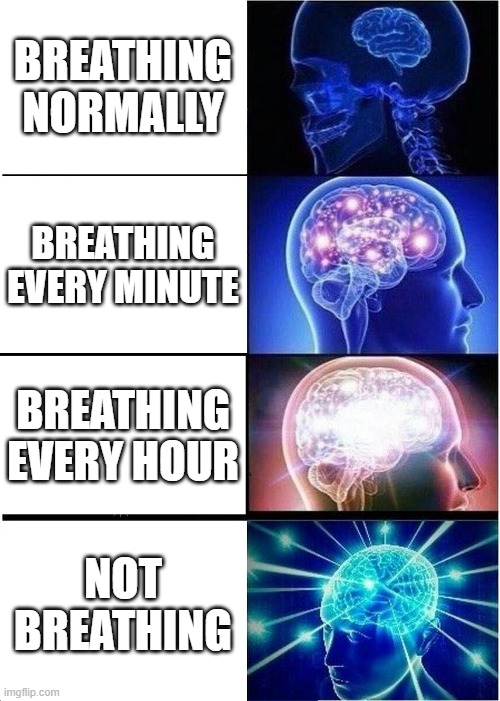 Expanding Brain | BREATHING NORMALLY; BREATHING EVERY MINUTE; BREATHING EVERY HOUR; NOT BREATHING | image tagged in memes,expanding brain | made w/ Imgflip meme maker