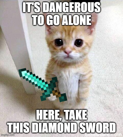 It's Dangerous to go alone... | IT'S DANGEROUS TO GO ALONE; HERE, TAKE THIS DIAMOND SWORD | image tagged in el gato | made w/ Imgflip meme maker