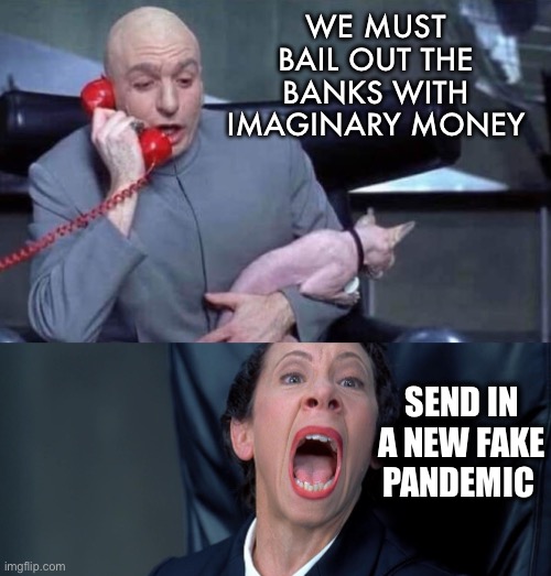 New false flag coming up | WE MUST BAIL OUT THE BANKS WITH IMAGINARY MONEY; SEND IN A NEW FAKE PANDEMIC | image tagged in dr evil and frau,false flag | made w/ Imgflip meme maker