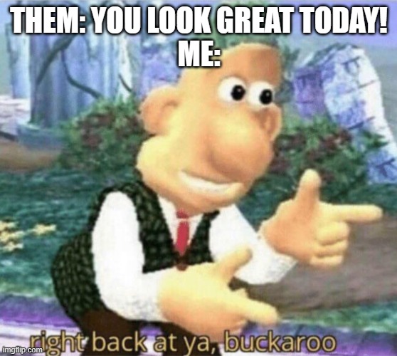 Complimentary meme | THEM: YOU LOOK GREAT TODAY!
ME: | image tagged in right back at ya buckaroo | made w/ Imgflip meme maker