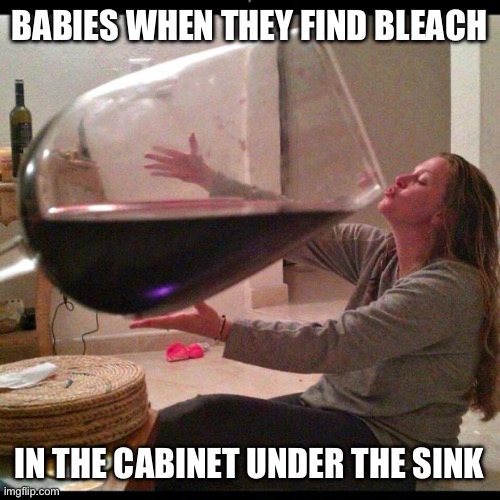 Wine Drinker | BABIES WHEN THEY FIND BLEACH; IN THE CABINET UNDER THE SINK | image tagged in wine drinker | made w/ Imgflip meme maker