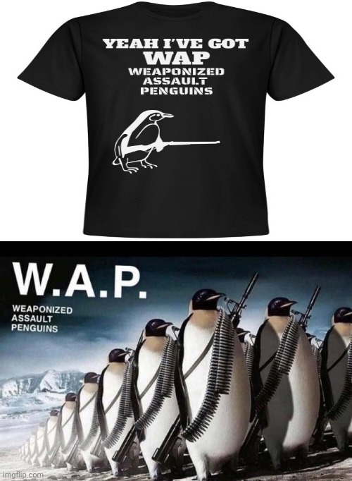 W.A.P. shirt | image tagged in weaponized assault penguins,wap,memes,t-shirt,shirt,shirts | made w/ Imgflip meme maker