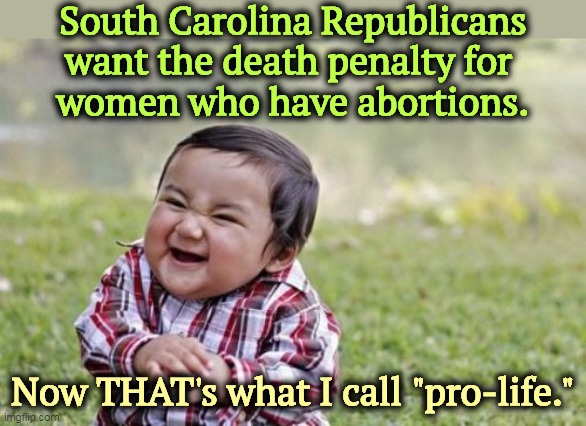 Republicans really hate women. | South Carolina Republicans want the death penalty for 
women who have abortions. Now THAT's what I call "pro-life." | image tagged in memes,evil toddler,pro life,death penalty,abortion,misogyny | made w/ Imgflip meme maker