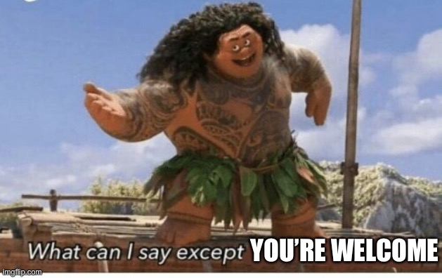 Moana maui what can I say except blank | YOU’RE WELCOME | image tagged in moana maui what can i say except blank | made w/ Imgflip meme maker