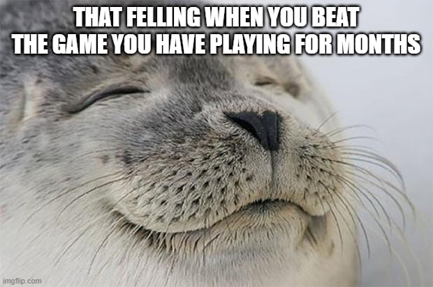Satisfied Seal Meme | THAT FELLING WHEN YOU BEAT THE GAME YOU HAVE PLAYING FOR MONTHS | image tagged in memes,satisfied seal | made w/ Imgflip meme maker