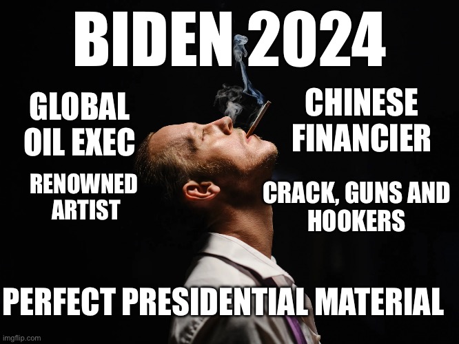 Biden 2024 | BIDEN 2024; CHINESE 
FINANCIER; GLOBAL
OIL EXEC; CRACK, GUNS AND
HOOKERS; RENOWNED 
ARTIST; PERFECT PRESIDENTIAL MATERIAL | image tagged in biden 2024,democrats,memes,funny | made w/ Imgflip meme maker