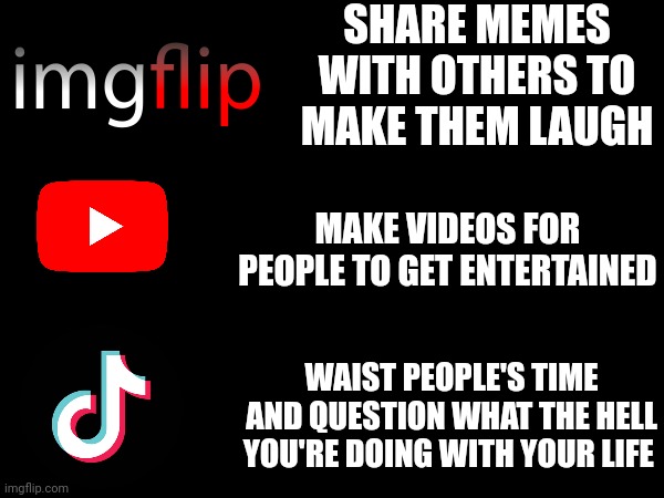 . | SHARE MEMES WITH OTHERS TO MAKE THEM LAUGH; MAKE VIDEOS FOR PEOPLE TO GET ENTERTAINED; WAIST PEOPLE'S TIME AND QUESTION WHAT THE HELL YOU'RE DOING WITH YOUR LIFE | image tagged in memes | made w/ Imgflip meme maker