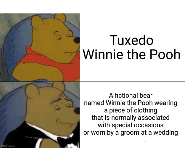 Tuxedo Winnie The Pooh | Tuxedo Winnie the Pooh; A fictional bear named Winnie the Pooh wearing a piece of clothing that is normally associated with special occasions or worn by a groom at a wedding | image tagged in memes,tuxedo winnie the pooh | made w/ Imgflip meme maker