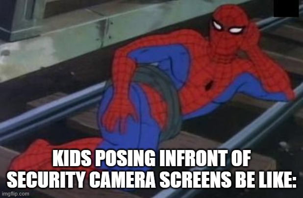 T R U E | KIDS POSING INFRONT OF SECURITY CAMERA SCREENS BE LIKE: | image tagged in memes,sexy railroad spiderman,spiderman | made w/ Imgflip meme maker