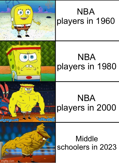 Basketball progression | NBA players in 1960; NBA players in 1980; NBA players in 2000; Middle schoolers in 2023 | image tagged in strong spongebob chart | made w/ Imgflip meme maker