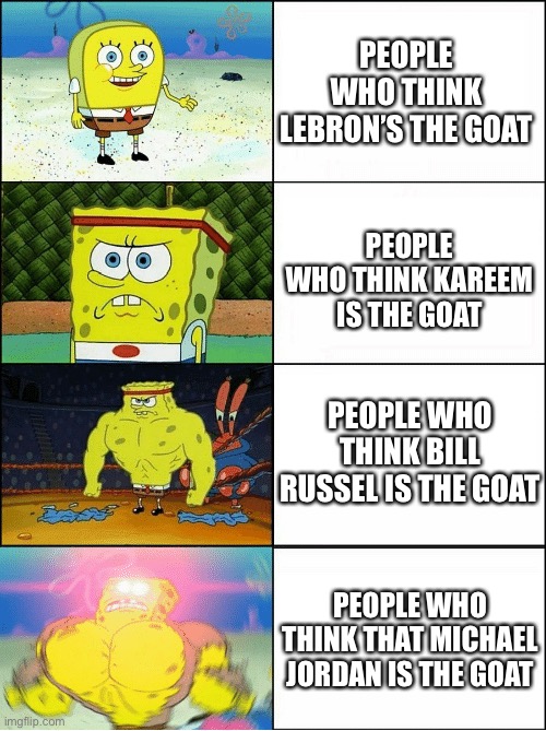 Lebron is not the Goat | PEOPLE WHO THINK LEBRON’S THE GOAT; PEOPLE WHO THINK KAREEM IS THE GOAT; PEOPLE WHO THINK BILL RUSSEL IS THE GOAT; PEOPLE WHO THINK THAT MICHAEL JORDAN IS THE GOAT | image tagged in sponge finna commit muder,nba,basketball,lebron james | made w/ Imgflip meme maker