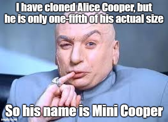 Alice Cooper | I have cloned Alice Cooper, but he is only one-fifth of his actual size; So his name is Mini Cooper | image tagged in dr evil pinky | made w/ Imgflip meme maker