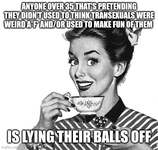 Retro woman teacup | ANYONE OVER 35 THAT'S PRETENDING THEY DIDN'T USED TO THINK TRANSEXUALS WERE WEIRD A*F* AND/OR USED TO MAKE FUN OF THEM; IS LYING THEIR BALLS OFF | image tagged in retro woman teacup | made w/ Imgflip meme maker