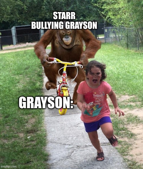 my friends be like: | STARR BULLYING GRAYSON; GRAYSON: | image tagged in orangutan chasing girl on a tricycle | made w/ Imgflip meme maker