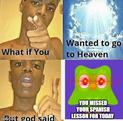 What if you wanted to go to Heaven | YOU MISSED YOUR SPANISH LESSON FOR TODAY | image tagged in what if you wanted to go to heaven,duolingo | made w/ Imgflip meme maker