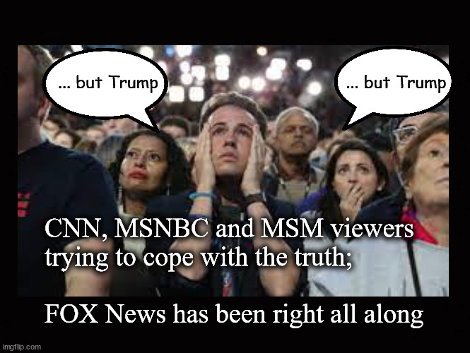 FOX News has been right all along ... | ... but Trump                                     ... but Trump; CNN, MSNBC and MSM viewers 
  trying to cope with the truth; 
 
  FOX News has been right all along | image tagged in fox news,media bias,msnbc,cnn,msm | made w/ Imgflip meme maker