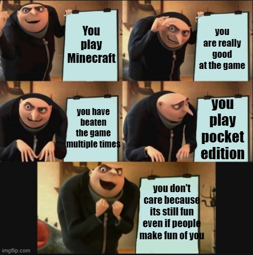 Just a bit a wholesomeness | You play Minecraft; you are really good at the game; you have beaten the game multiple times; you play pocket edition; you don't care because its still fun even if people make fun of you | image tagged in 5 panel gru meme,relatable,minecraft,minecraft pocket | made w/ Imgflip meme maker