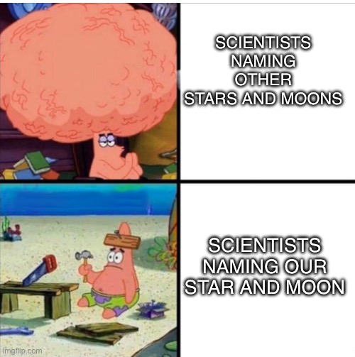 Why can’t they name other stars and moons but they can’t name ours | SCIENTISTS NAMING OTHER STARS AND MOONS; SCIENTISTS NAMING OUR STAR AND MOON | image tagged in smart and dumb patrick,funny,memes | made w/ Imgflip meme maker