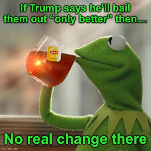 But That's None Of My Business Meme | If Trump says he’ll bail them out “only better” then… No real change there | image tagged in memes,but that's none of my business,kermit the frog | made w/ Imgflip meme maker