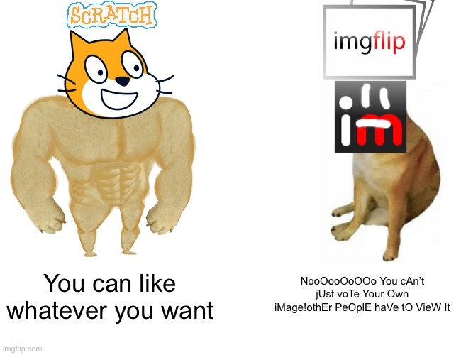 Scratch vs imgflip | NooOooOoOOo You cAn’t jUst voTe Your Own iMage!othEr PeOplE haVe tO VieW It; You can like whatever you want | image tagged in memes,buff doge vs cheems | made w/ Imgflip meme maker