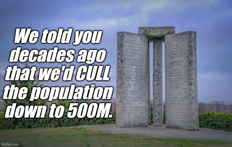 Come on, man! You know... the thing! | We told you 
decades ago 
that we'd CULL 
the population 
down to 500M. | image tagged in georgia guidestones,liberals,democrats,lgbtq,blm,antifa | made w/ Imgflip meme maker