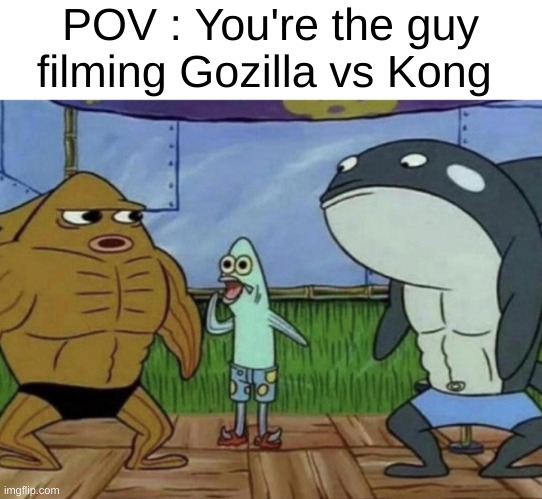 "Oh crap here comes the skyscraper" | POV : You're the guy filming Gozilla vs Kong | image tagged in memes,funny,relatable,gozilla,kong,front page plz | made w/ Imgflip meme maker