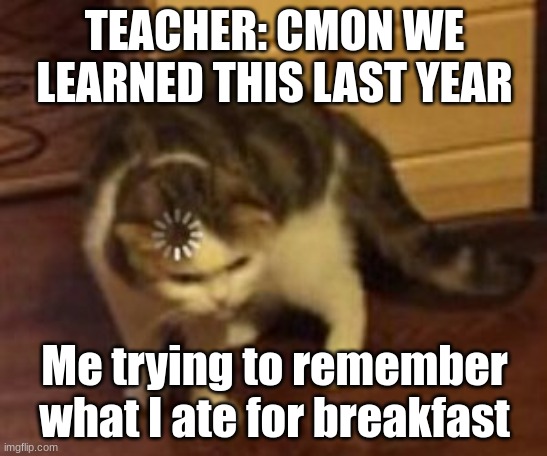 this is true (for me) | TEACHER: CMON WE LEARNED THIS LAST YEAR; Me trying to remember what I ate for breakfast | image tagged in loading cat | made w/ Imgflip meme maker