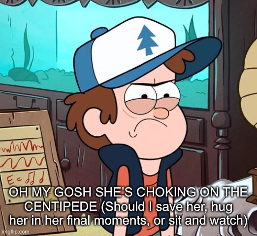 Angry Dipper | OH MY GOSH SHE’S CHOKING ON THE CENTIPEDE (Should I save her, hug her in her final moments, or sit and watch) | image tagged in angry dipper | made w/ Imgflip meme maker