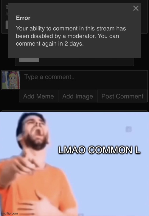 Lmao | LMAO COMMON L | image tagged in laughing and pointing,memes,mod abuse,imgflip | made w/ Imgflip meme maker
