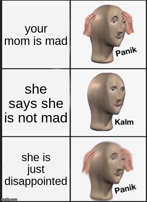 Panik Kalm Panik | your mom is mad; she says she is not mad; she is just disappointed | image tagged in memes,panik kalm panik | made w/ Imgflip meme maker