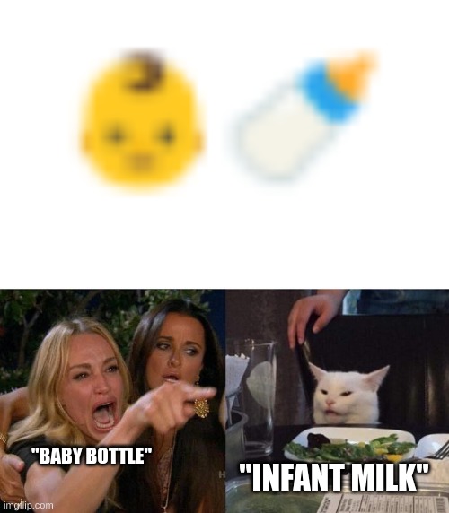 sorry for the bad graphics | "BABY BOTTLE"; "INFANT MILK" | image tagged in memes,woman yelling at cat | made w/ Imgflip meme maker