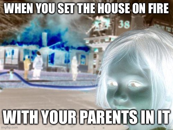 My first meme :’) | WHEN YOU SET THE HOUSE ON FIRE; WITH YOUR PARENTS IN IT | image tagged in memes,disaster girl | made w/ Imgflip meme maker