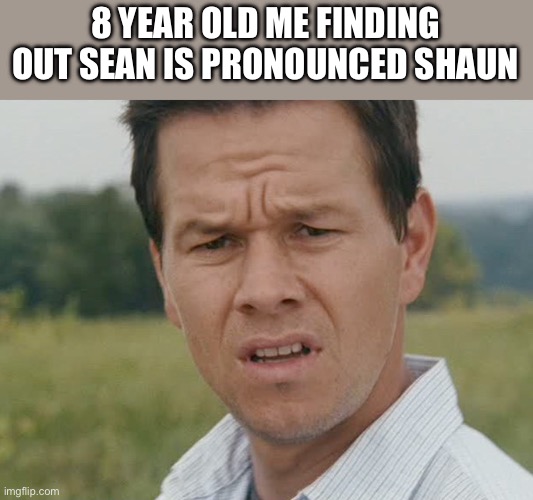 a | 8 YEAR OLD ME FINDING OUT SEAN IS PRONOUNCED SHAUN | image tagged in huh | made w/ Imgflip meme maker