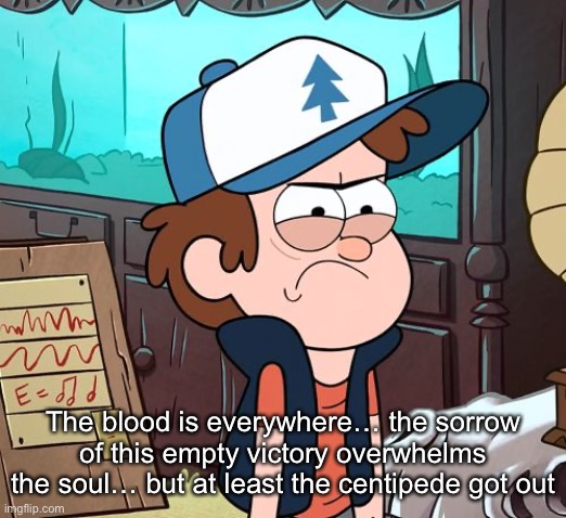 Angry Dipper | The blood is everywhere… the sorrow of this empty victory overwhelms the soul… but at least the centipede got out | image tagged in angry dipper | made w/ Imgflip meme maker