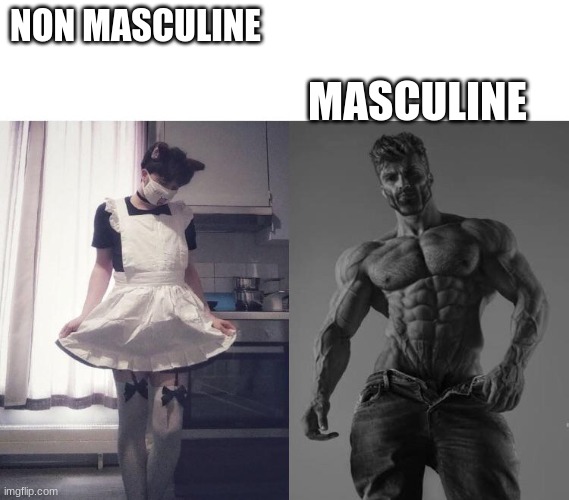 Giga chad vs femboy | NON MASCULINE MASCULINE | image tagged in giga chad vs femboy | made w/ Imgflip meme maker