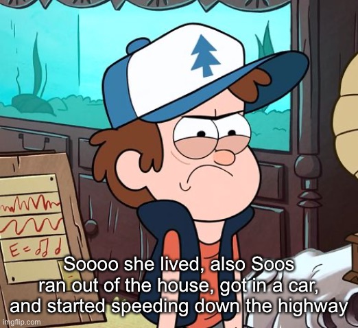 Angry Dipper | Soooo she lived, also Soos ran out of the house, got in a car, and started speeding down the highway | image tagged in angry dipper | made w/ Imgflip meme maker