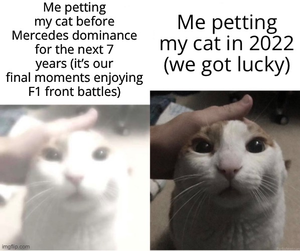 Don’t tell me how inaccurate it is | Me petting my cat before Mercedes dominance for the next 7 years (it’s our final moments enjoying F1 front battles); Me petting my cat in 2022 (we got lucky) | image tagged in f1,formula 1,formula one,cuz cars,racing,unfunny | made w/ Imgflip meme maker